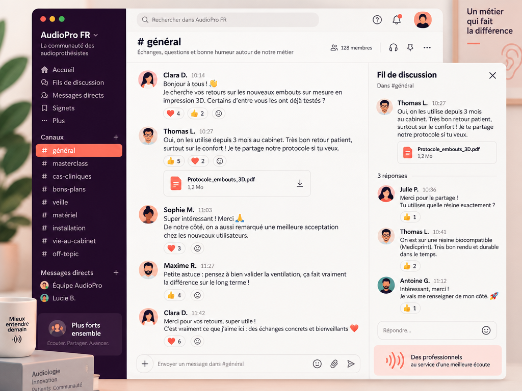 Capture stylisée de la communauté Slack AudioPro FR avec des échanges entre professionnels